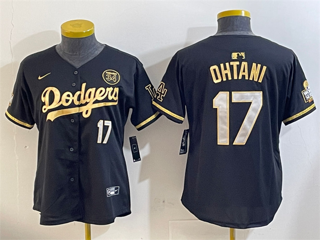 Women's Los Angeles Dodgers #17 Shohei Ohtani Black/Gold 2024 World Series With Fernando Memorial Patch Limited Stitched Baseball Jersey(Run Small) Women's Los Angeles Dodgers #17 Shohei Ohtani Black/Gold 2024 World Series With Fernando Memorial Patch Limited Stitched Baseball Jersey(Run Small)
